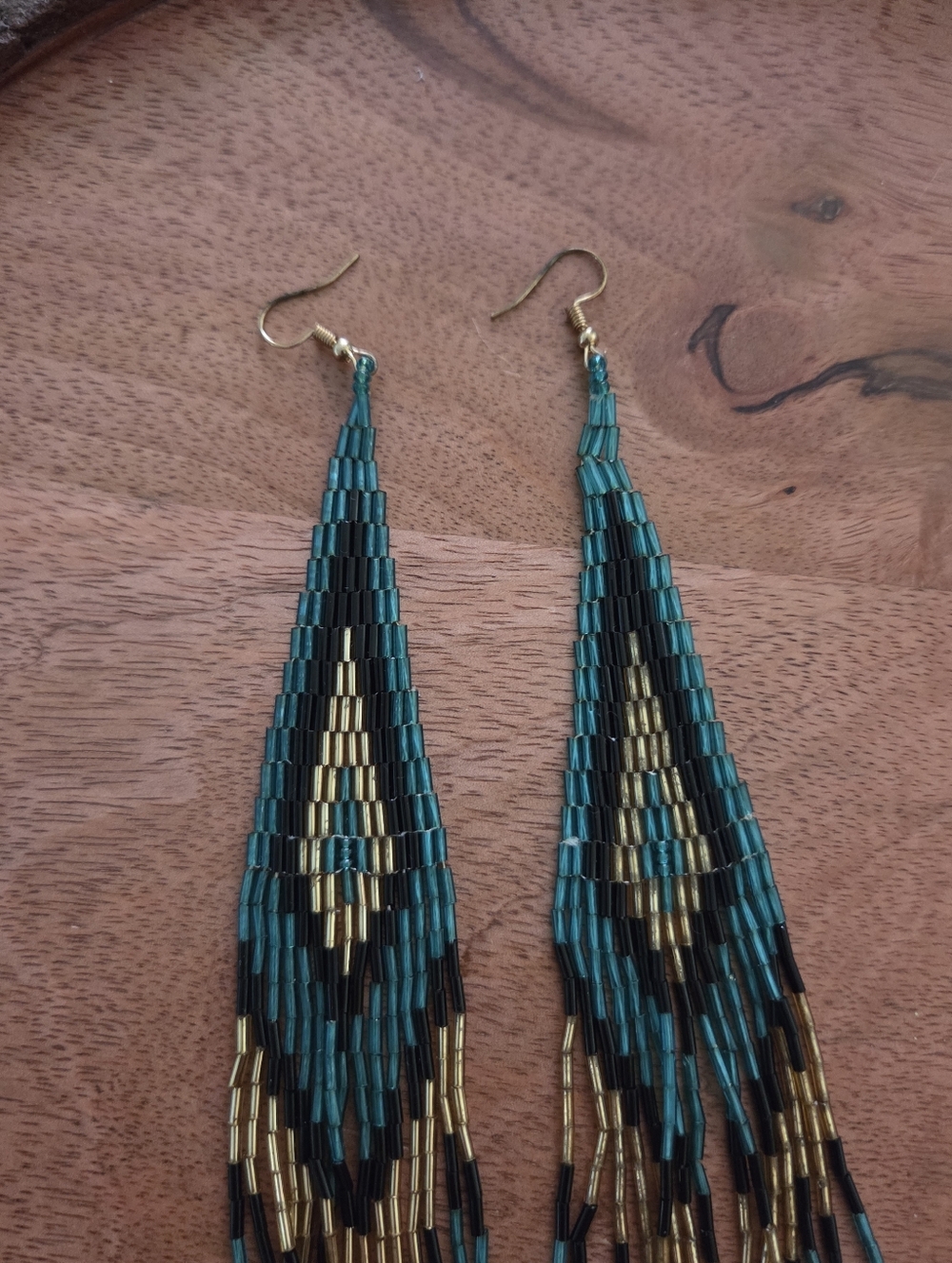 Western Teal Gold Black beaded fringe earrings Boho Rodeo Festival Cowgirl - Picture 3 of 6